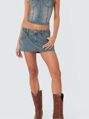Edikted Studded Low Rise Washed Denim Mini Skirt